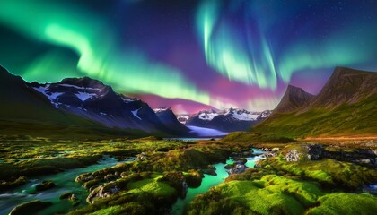 enchanting aurora borealis over mossy mountain landscape with lush greenery
