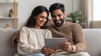 Happy indian family couple using digital tablet computer at home. Smiling young husband and wife watching tv, video calling or doing online ecommerce shopping together sitting on couch in living room