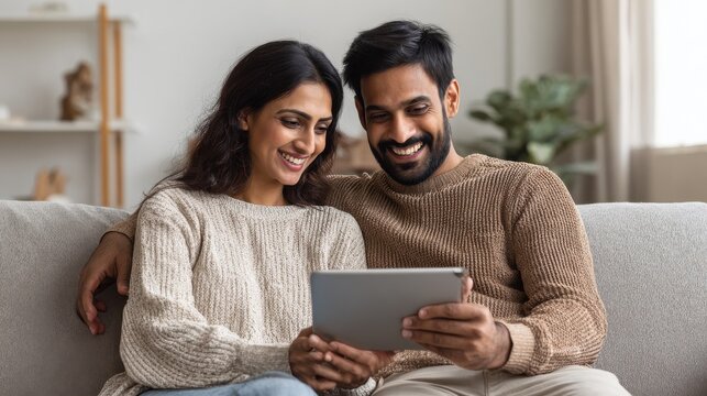 Happy indian family couple using digital tablet computer at home. Smiling young husband and wife watching tv, video calling or doing online ecommerce shopping together sitting on couch in living room - Powered by Adobe