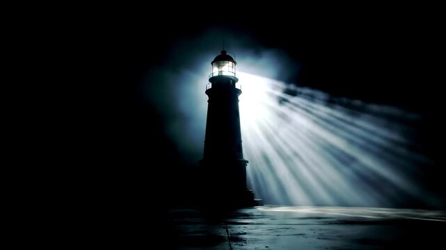 Dramatic seamless loop of a lighthouse at night with a bright rotating beam shining through mist and darkness