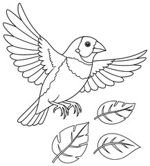 Flying bird with outstretched wings surrounded by falling leaves, illustrated in clean black-and-white line art style. Perfect for coloring books, crafts, and decorative projects.