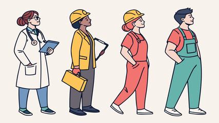 Diverse workforce showing a doctor, construction worker, engineer, and mechanic embodying professional unity and skilled labor