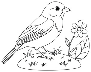 Adorable bird standing on a grassy mound next to a blooming flower in black-and-white line art. Perfect for coloring pages, kids’ activities, and creative artwork projects.