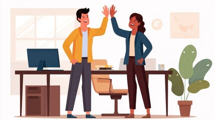 Two happy friendly diverse professionals, teacher and student giving high five standing in office celebrating success, good cooperation result, partnership teamwork and team motivation in office work