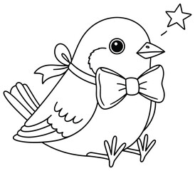 Adorable bird coloring page featuring a cute bird wearing a bow tie and ribbon, with a star detail, illustrated in a simple black-and-white line art style for fun and creative kids’ coloring.