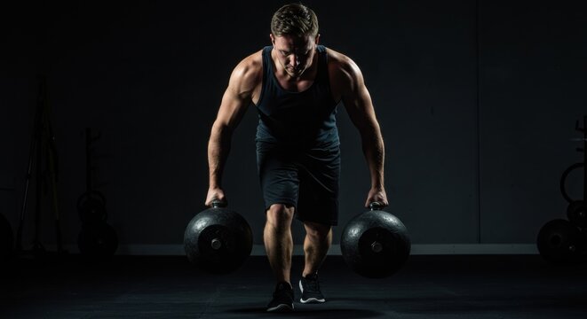 Determined Muscular Man Performing Farmer's Walk Exercise with Heavy Weights in a Dark Gym
