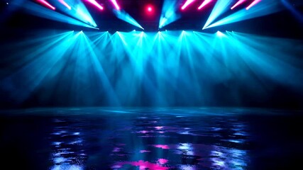 Seamlessly looping animation of an empty stage with a wet floor under blue and magenta concert spotlights - Powered by Adobe