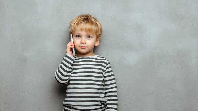 technology, communication and people concept - little boy in striped pullover calling on smartphone over grey background, no logos, no brands