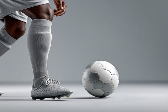 A low angle, close-up shot of a soccer player's legs and foot positioned beside a ball, ready to kick, against a neutral gray background.

