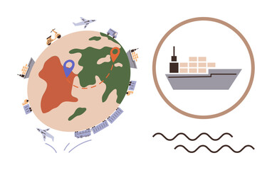 Obraz premium Globe with transportation modes ship, airplane, truck showing trade flow. Pinpoints, dotted lines emphasize logistics and routes. Ideal for supply chain, global commerce, connectivity, import-export