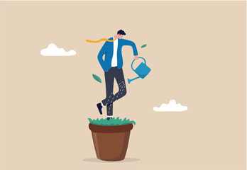 Personal development, self improvement or career growth, coaching or training to success, motivation to growing, develop skill or attitude concept, confidence businessman watering self on plant pot
