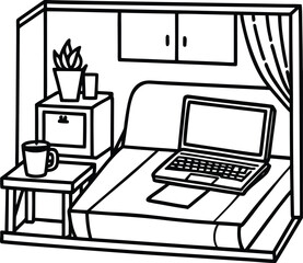 Fototapeta premium dorm room with laptop on bed and mug