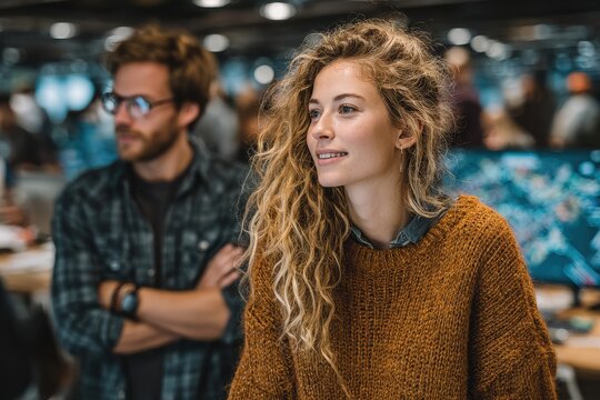 Two young professionals collaborate on a design project at a modern open office during daytime, wearing casual clothing and looking at documents