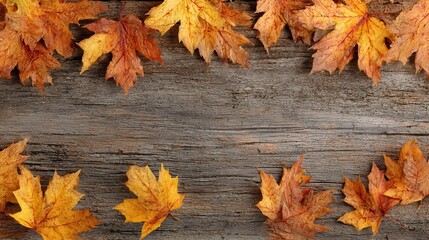 wooden background with autumn maple leaves, no logos, no brands