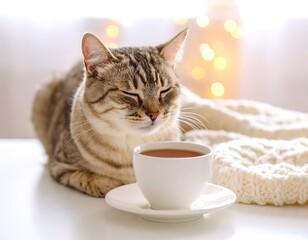 Cozy cat enjoying tea