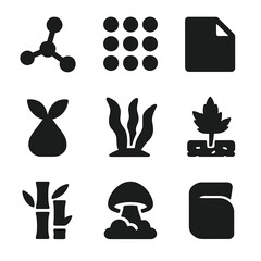 Bio-Materials Icon Grid. Solid, filled icon set of bio-materials in tech: polylactic acid, biopolymer beads, cellulose sheet,