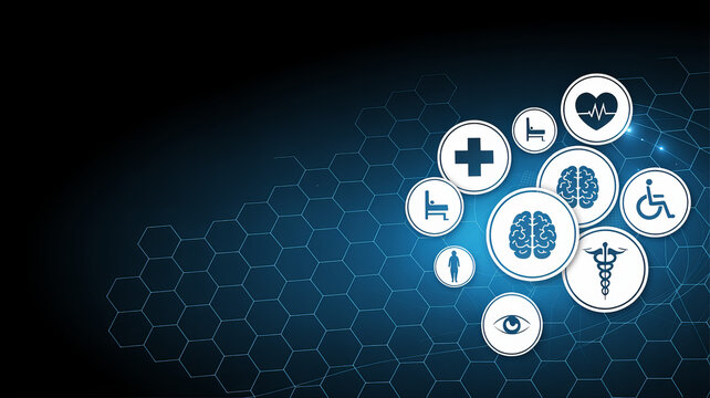 Healthcare Icons: A digital illustration of interconnected health and wellness icons set against a technological dark blue backdrop, suggesting innovation, care.