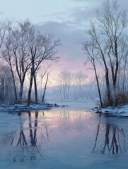 Obraz premium Frozen lake reflecting bare trees in a winter landscape, winter, frozen, lake, reflection, bare trees, snowy, cold, serene