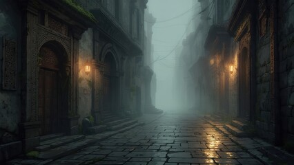 Misty alleyway in a medieval city