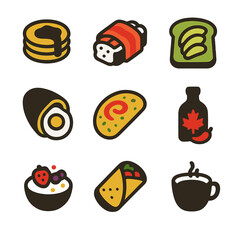 Breakfast Fusion Icons. Solid, filled icons set of breakfast fusion foods: pancake taco, bacon sushi, avocado