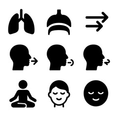 Breathing Technique Icons. Solid, filled icon set of breathing techniques: lungs, diaphragm, breath flow, inhale, exhale, breath