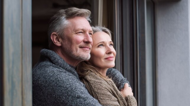Happy senior adult mature classy couple hugging, bonding, thinking of good future. Carefree cheerful mid age old husband embracing wife looking away dreaming, enjoying wellbeing and love in new house