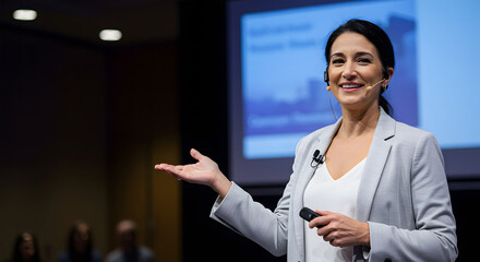 Confident woman presenting with a smile on stage