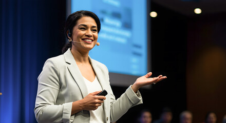 Confident woman speaker presenting on stage with presentation screen