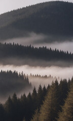 Layers of mist and pine trees in dramatic mountain forest at sunrise – Generative AI