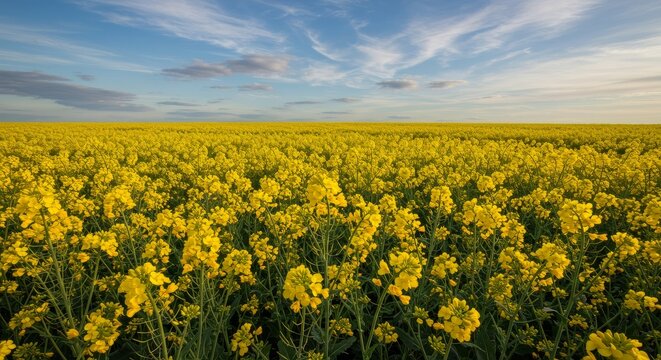 Bright yellow Mustard field. Close-up rapeseed flowers Sunset 


