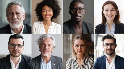 Fototapeta premium Collage of portraits of an ethnically diverse and mixed age group of focused business professionals, no logos, no brands