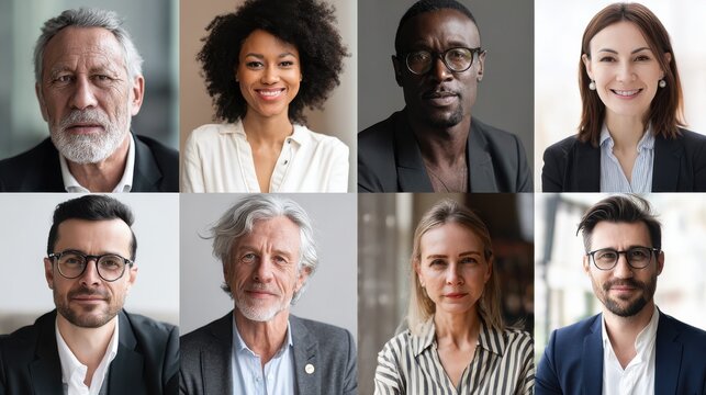 Collage of portraits of an ethnically diverse and mixed age group of focused business professionals, no logos, no brands
