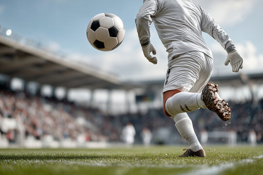 A dynamic low-angle shot captures a soccer player in white uniform preparing to kick a ball mid-air on a green field with a blurred stadium background.

