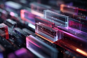 Abstract arrangement of colorful glowing transparent cubes, with internal structure and floating particle elements in dark space, conveying technology concept