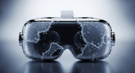 Conceptual 3d render of a virtual reality headset covered in frost and ice crystals on a cold studio background