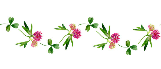 Watercolor clover branch with leaves seamless border. The illustration botanical style hand drawn for invitations, cards, packaging.