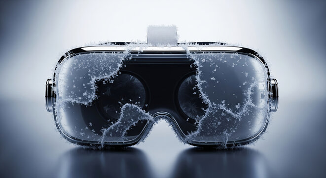 Conceptual 3d render of a virtual reality headset covered in frost and ice crystals on a cold studio background