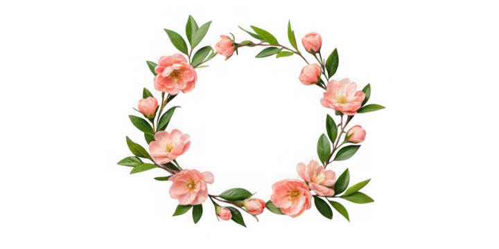 Elegant peach floral wreath with green leaves on black background