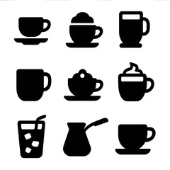 Coffee Type Icons. Solid, filled icon set of coffee types: espresso, cappuccino, latte, americano, macchiato, mocha, iced coffee,