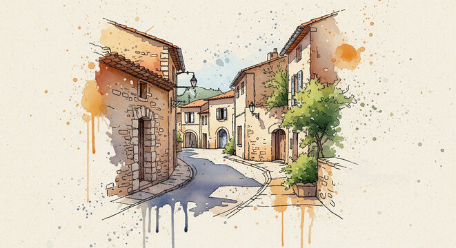 Fototapeta Watercolor and ink sketch illustration of a charming old street in a provincial european village for a travel concept