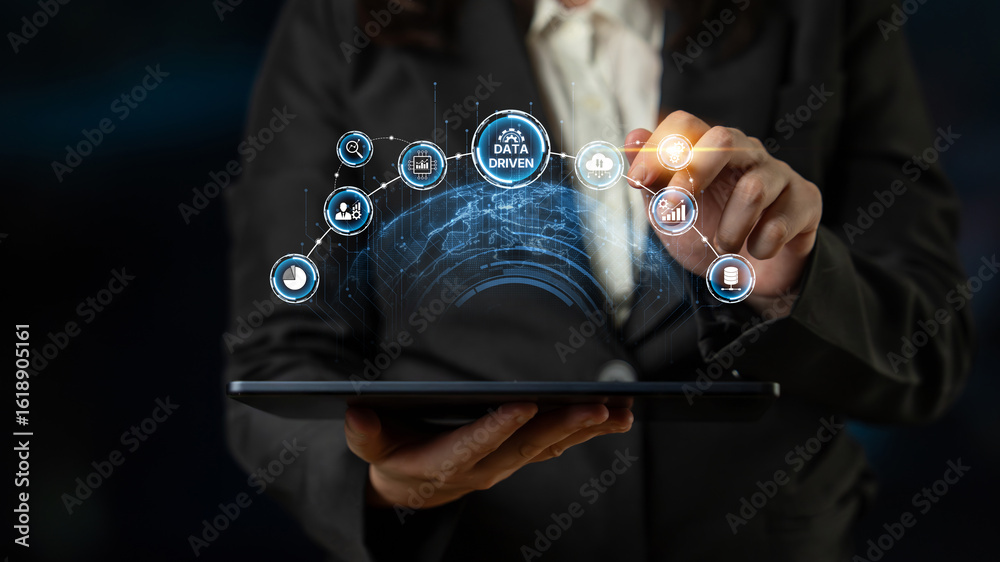 Poster data-driven decision-making empowers business through analytics, datum collection, and ai systems. d