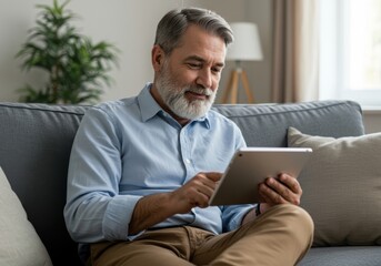 A distinguished gentleman with a gray beard and blue shirt uses a tablet device while relaxing comfortably on a plush sofa