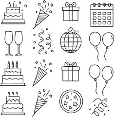Birthday celebration icons with cakes and gifts birthday cake