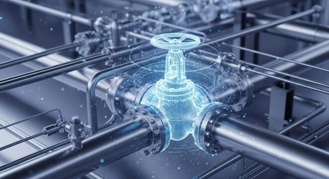 Futuristic 3d render of a smart industrial pipeline with a glowing digital wireframe valve representing iot technology