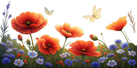 Vibrant poppies and butterflies bloom against a dark starry night sky