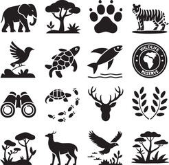 Naklejka premium Wildlife Icons Set: Animals, Trees, and Nature Silhouettes