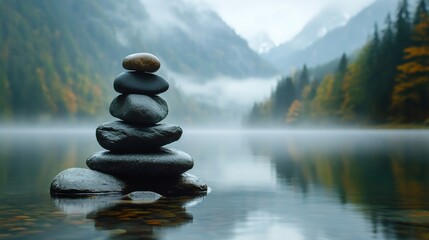 Stack of zen stones meditating on a misty lake in the mountains