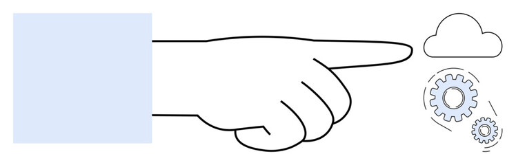 Hand pointing towards a cloud and interconnected gears, representing cloud computing, system automation, and innovation. Ideal for technology, workflow, collaboration, integration, creativity