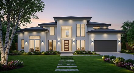 Obraz premium Contemporary beautiful modern house exterior with green grass property in prime location