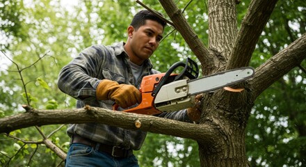 Obraz premium Lumberjack in a black shirt sawing a chainsaw on tree., Man holding a chainsaw and cut trees.